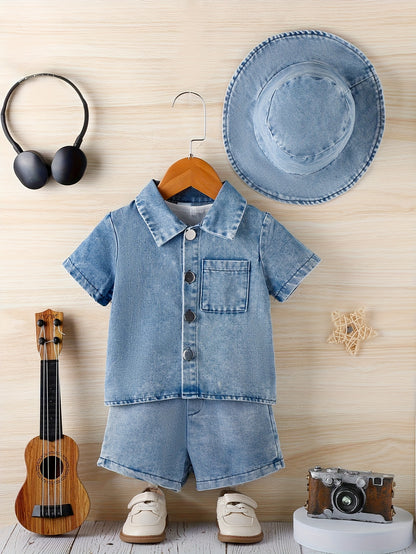 [Runs Large, Size 1 Size] Baby Boy 3pcs Summer Outfit Set, Soft Washed Denim Short Sleeve Lapel Jacket, Casual Denim Shorts And Matching Denim Bucket Hat, Daily Casual Clothes for 6-36 Months, Perfect for Outdoor