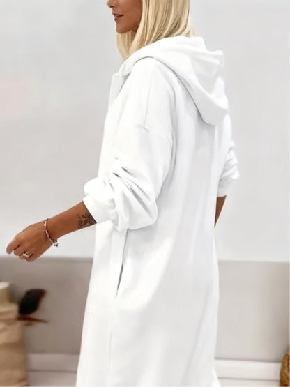 Hooded Pullover Dress | Solid Color Slit Hem Design, Autumn Winter Long Home Lounge Wear, Comfortable Loungewear Collection, Women'S Loungewear by SCACTO