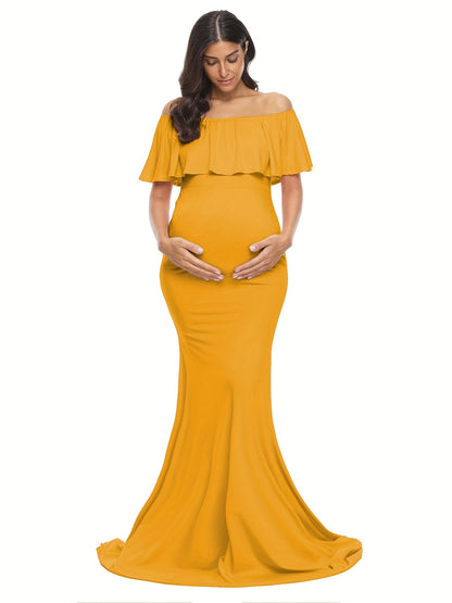Womens Off Shoulder Maternity Dress Ruffles Elegant Slim Gowns Fit Maxi Photography Dress