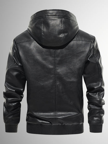 Men's Sherpa Lined PU Leather Jacket Warm Winter Hooded Motorcycle Jacket High Quality And Windproof Leather Biker Jacket Drawstring