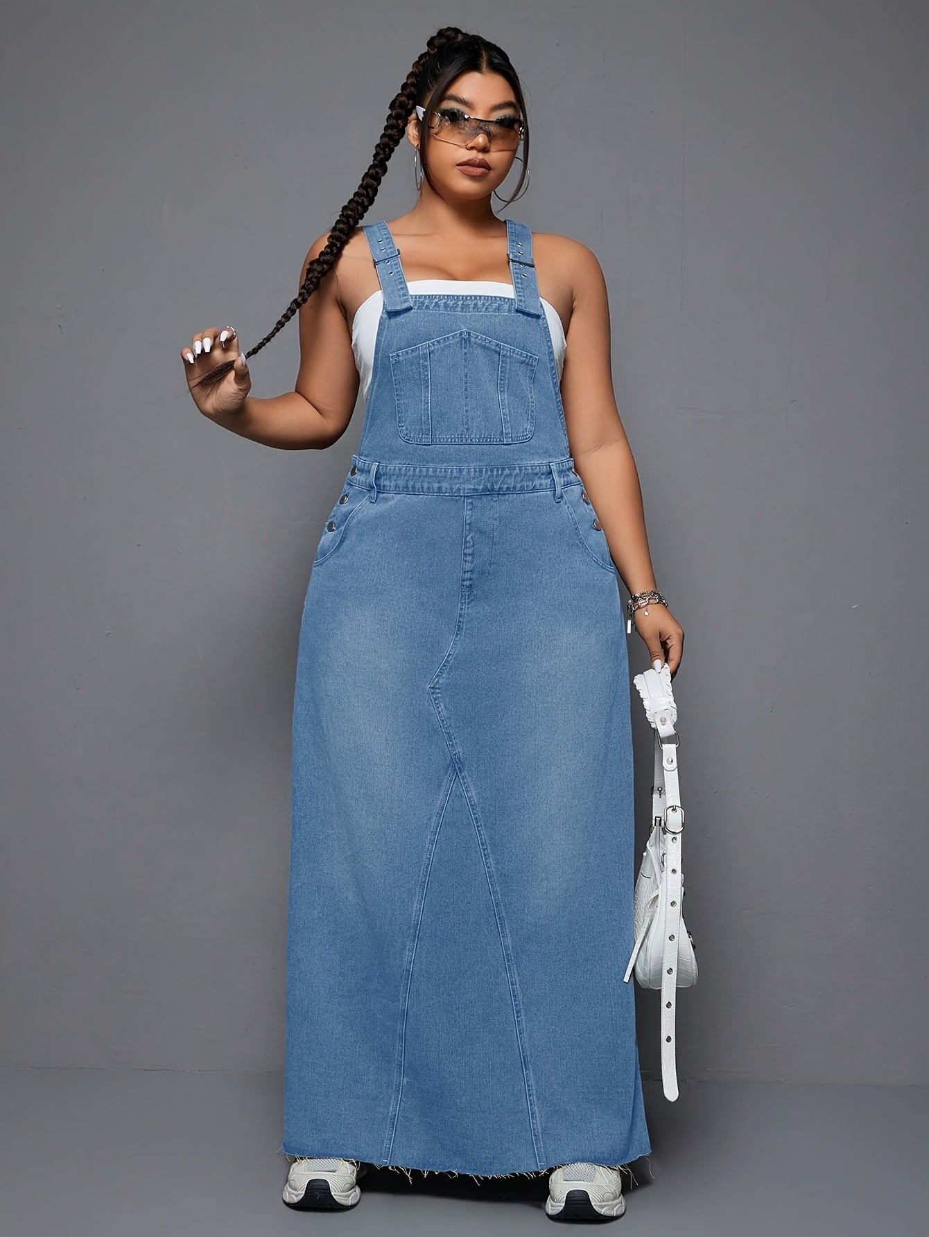 Women's Plus - Size Denim Overall Dress, High - Waisted, Washed & Distressed, Raw Hem, Adjustable Straps, Casual Long Jean Dress