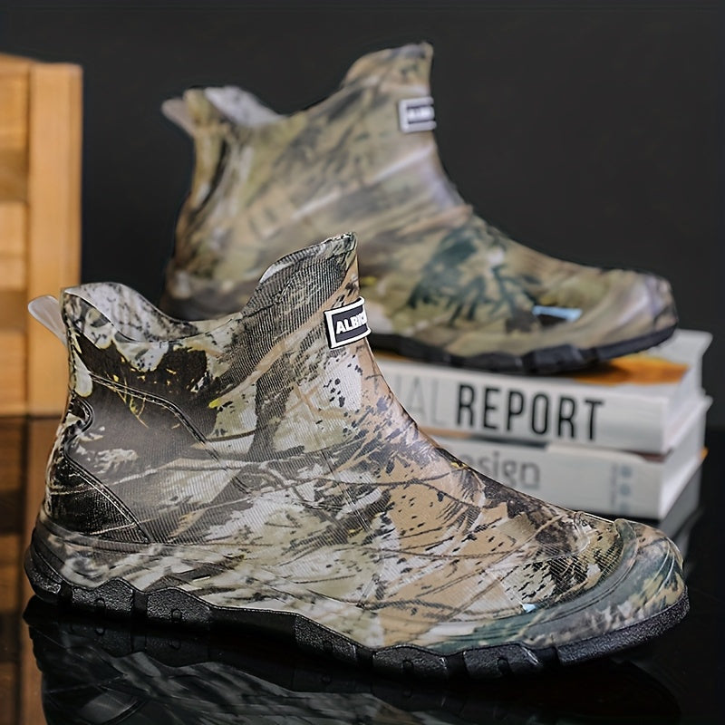 Men's Camouflage Rain Boots- Thick Sole, Slip-On Outdoor Fishing Shoes with "ALPHA" Branding, All-Season Comfort for Hiking& Casual Wear, Hiking Boots, Durable Footwear
