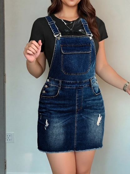 Women's Stretch Denim Skirt with Adjustable Shoulder Straps - Distressed Ripped Design, Raw Hem & Spacious Front/Back Pockets - Mid-Length Machine Washable for Spring Summer Fall Outdoor Shopping Daily Wear, Casual Outfit, Relaxed Fit, Comfortable Fit, Fa