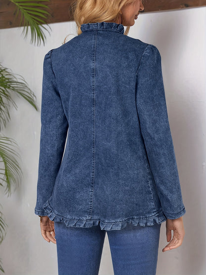 Women's Vintage Dark Blue Denim Suit Jacket Stand Collar And Double-breasted Button Design. Slim-Fit Waist Ruffle Hem. Distressed And Washed Elegant Denim Jacket Suitable for Both Office And Casual Wear