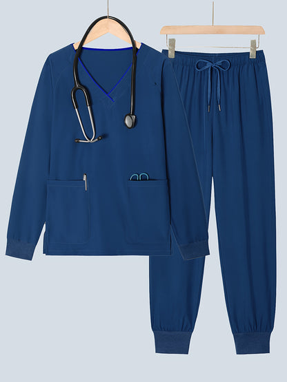 2pcs Women's V-Neck Matte Suit with Long Sleeve Stretch S Uniform Work Clothes Washable Pockets Breathable Elastic Top And Waist Cord Pocket Pants Set