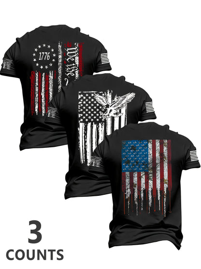 Men'S 3pcs 4Th of July American Patriotic Flag Eagle Short Sleeve T-Shirt Set, All-Black Vintage Print Design, 250 American Celebration Items-Inspired, Featuring 1776 Betsy Ross Flag, Declaration of Independence, Bald Eagle & American Flag Elements