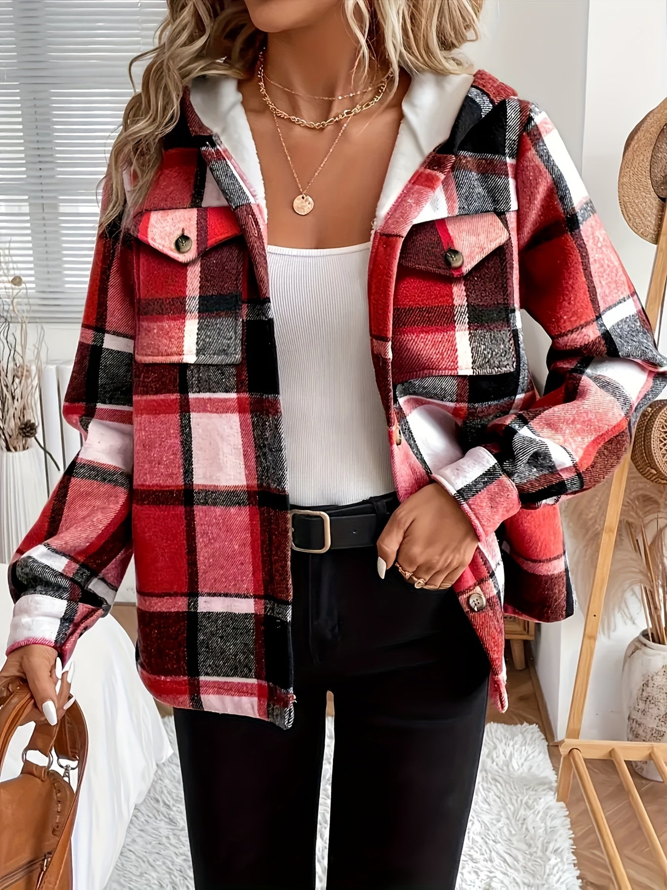 Fall & Winter Essential: Women's Plaid Hooded Jacket. Lining for Warmth, Front - Button Design, Adjustable Drawstring Hood. Washable In Brown, Red, Green, Black, Blue. Durable & Soft Fabric, Suitable for All - Day Comfort In Casual Settings.
