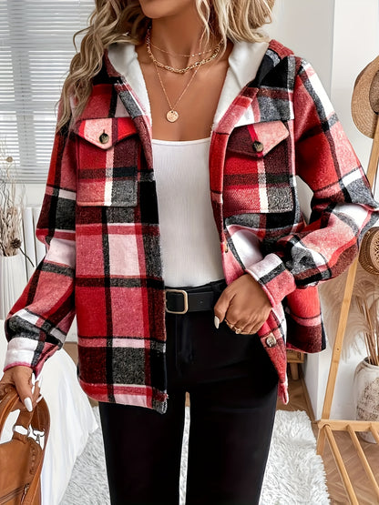 Fall & Winter Essential: Women's Plaid Hooded Jacket. Lining for Warmth, Front - Button Design, Adjustable Drawstring Hood. Washable In Brown, Red, Green, Black, Blue. Durable & Soft Fabric, Suitable for All - Day Comfort In Casual Settings.