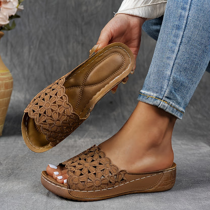 [Floral Wedge Sandals] Women's Floral Wedge Sandals - Comfortable Slip-on Open-toe Summer Shoes with Arch Support, Casual Design, Suitable for Casual | Look| Comfortable And Stylish, Convenient for Going Out, Perfect Gift Choice, Women Shoes