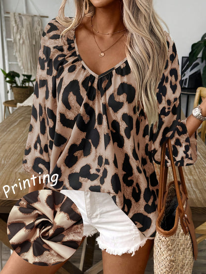 Plus Size - Plus Size - Khaki Leopard Print Shirt Featuring Deep V-Neck And Pleated Sleeves