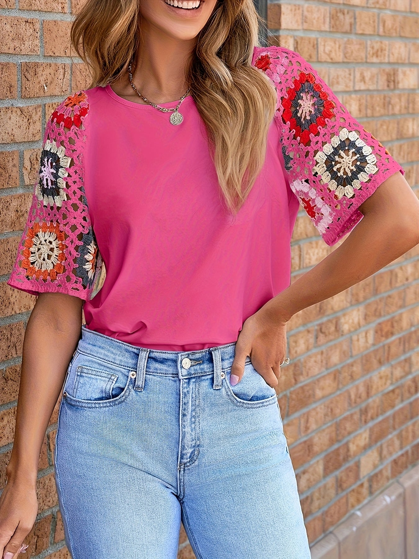 White Floral Crochet Short Sleeve Top