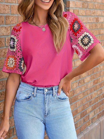 White Floral Crochet Short Sleeve Top