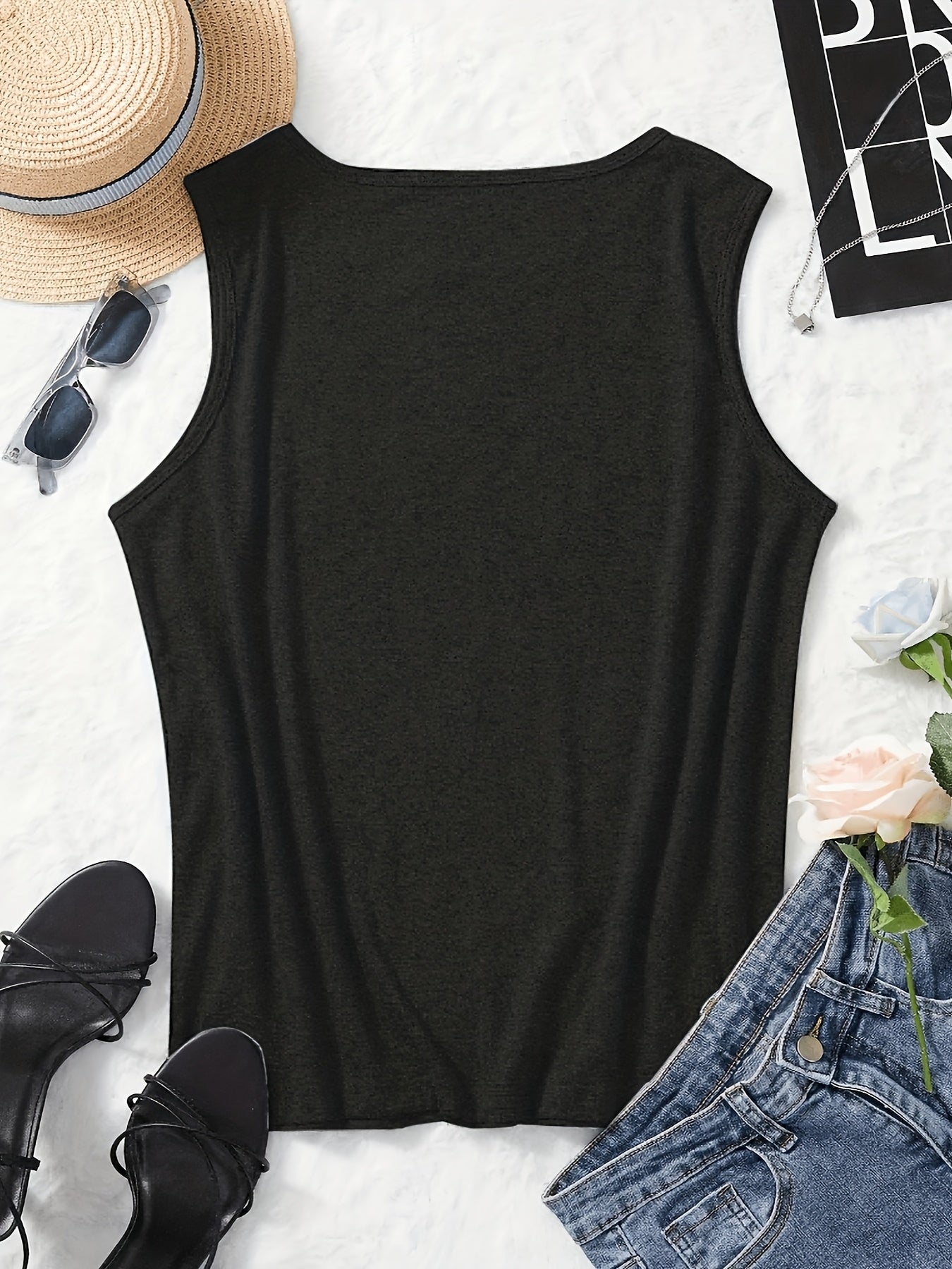 [Lightweight Summer Tops] Flower Pattern Print Crew-Neck Vest, Casual Sleeveless Women's Tops, Lightweight And Breathable, Suitable For Summer And Spring, Women's Clothing