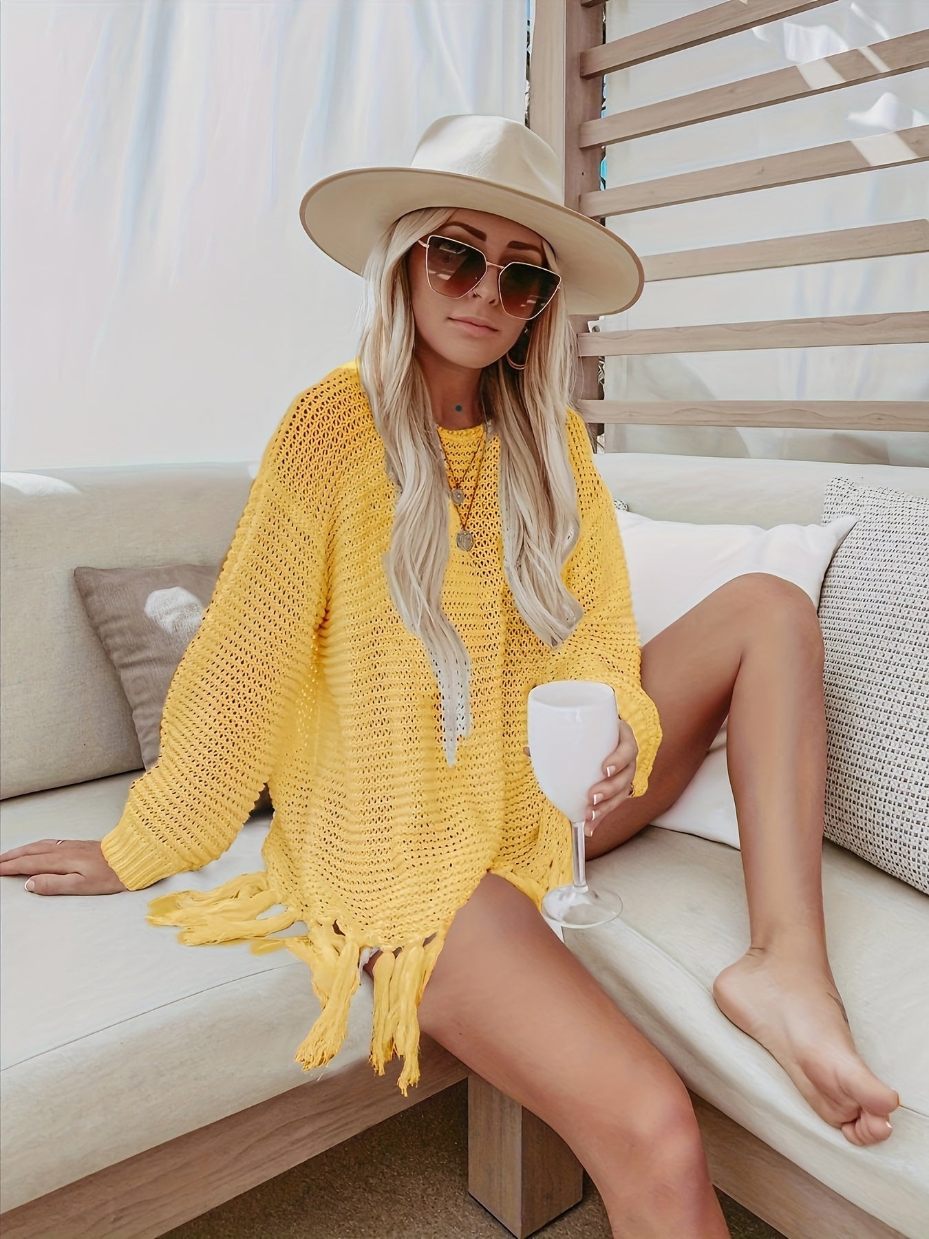 Women's Hollow Tunic Crochet Tops Beach Cover Poncho Summer Beach Cover Up Dress