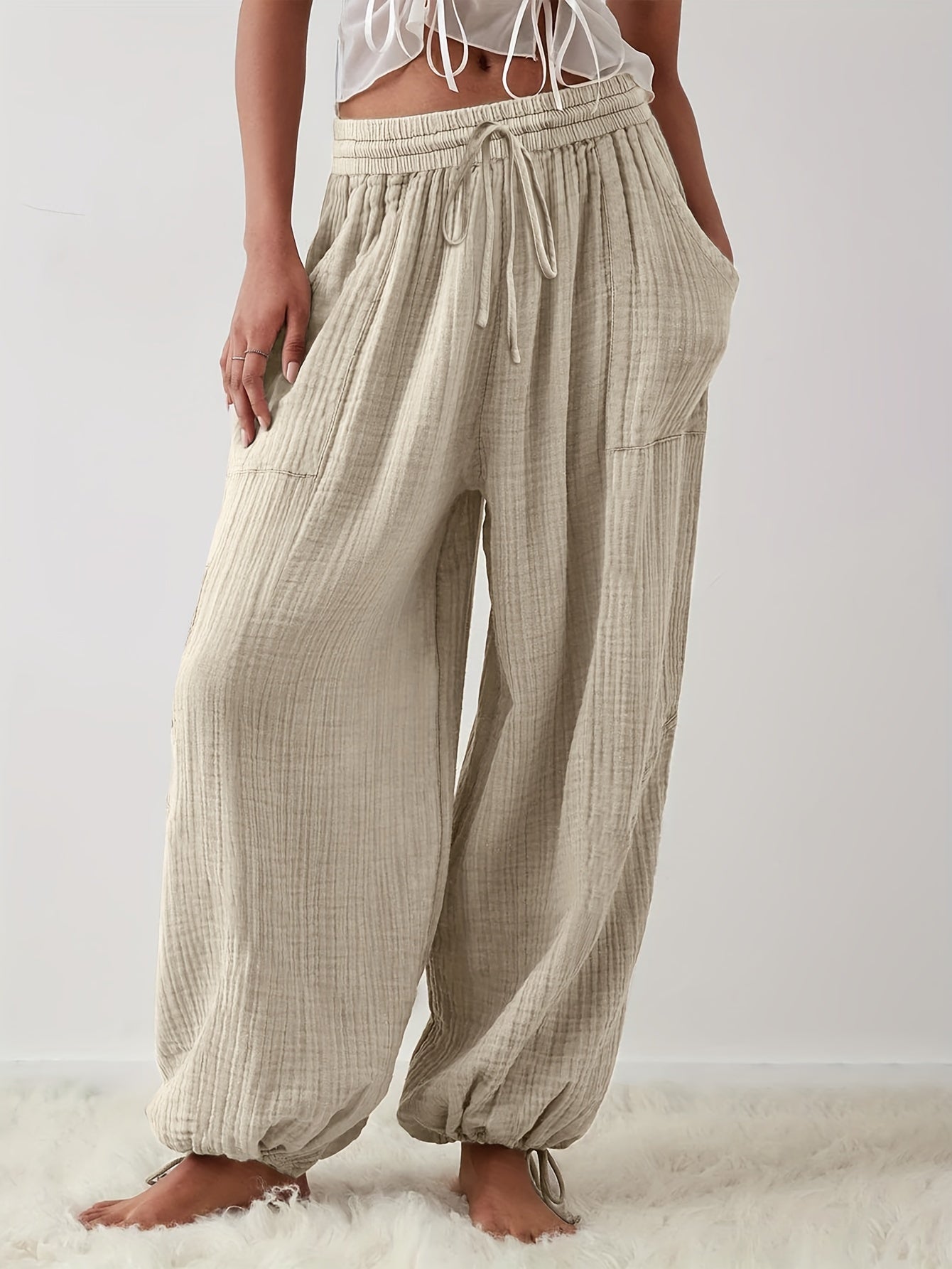 Spring And Summer Women's Casual Pants, Khaki, Pocket, Wide Leg, Tie, Loose, Daily Commuting Wide Leg Pants Womens Summer Clothes