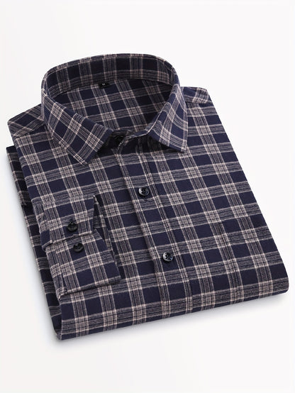 Men's Navy Blue & White Plaid Cotton Long-Sleeve Shirt - product view 4
