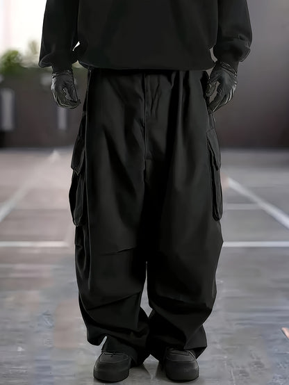 Men'S Plus Size Cargo Trousers - Casual Style for Spring And Autumn, Multi-Pocket Straight Leg Pants for All Seasons with Drawstring, Versatile Fashion, Wide Leg Design, Comfortable Casual Wear | Stylish Cargo Trousers | Comfortable Fit Pants