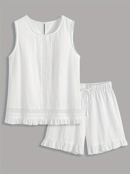Loose Solid Color Lace Stitching Sleeveless Top Elastic Waist Drawstring Ruffled Shorts Set