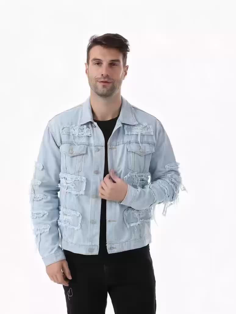Men'S Ripped Denim Jacket Slim Fit Jean Outerwear Streetwear Casual Coat