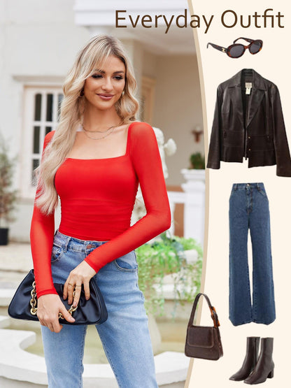 Women'S Square Neck Mesh Long Sleeve Bodysuit Shirts Ruched Body Suit Sexy Sheer Tops Date Night Outfit