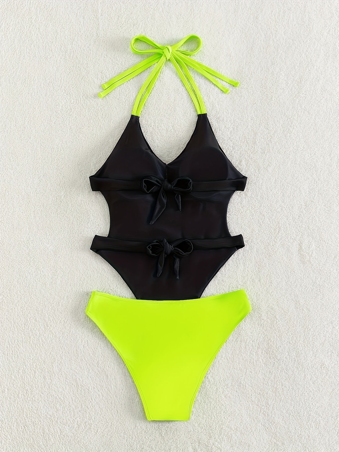 Butterfly Print One Piece Swimsuit, Contrast Color Halter Neck Cut Out Backless High Cut Bathing Suit, Women's Swimwear & Clothing