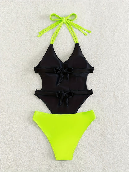 Butterfly Print One Piece Swimsuit, Contrast Color Halter Neck Cut Out Backless High Cut Bathing Suit, Women's Swimwear & Clothing