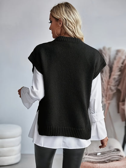 Women's Cable Sweater Vest - Sleeveless Round Neck Slit Hem Blouse, Solid Color Medium-Elastic Knitwear for Spring Summer Fall Layering, Casual & Semi-Formal Wear (Hand Washable)