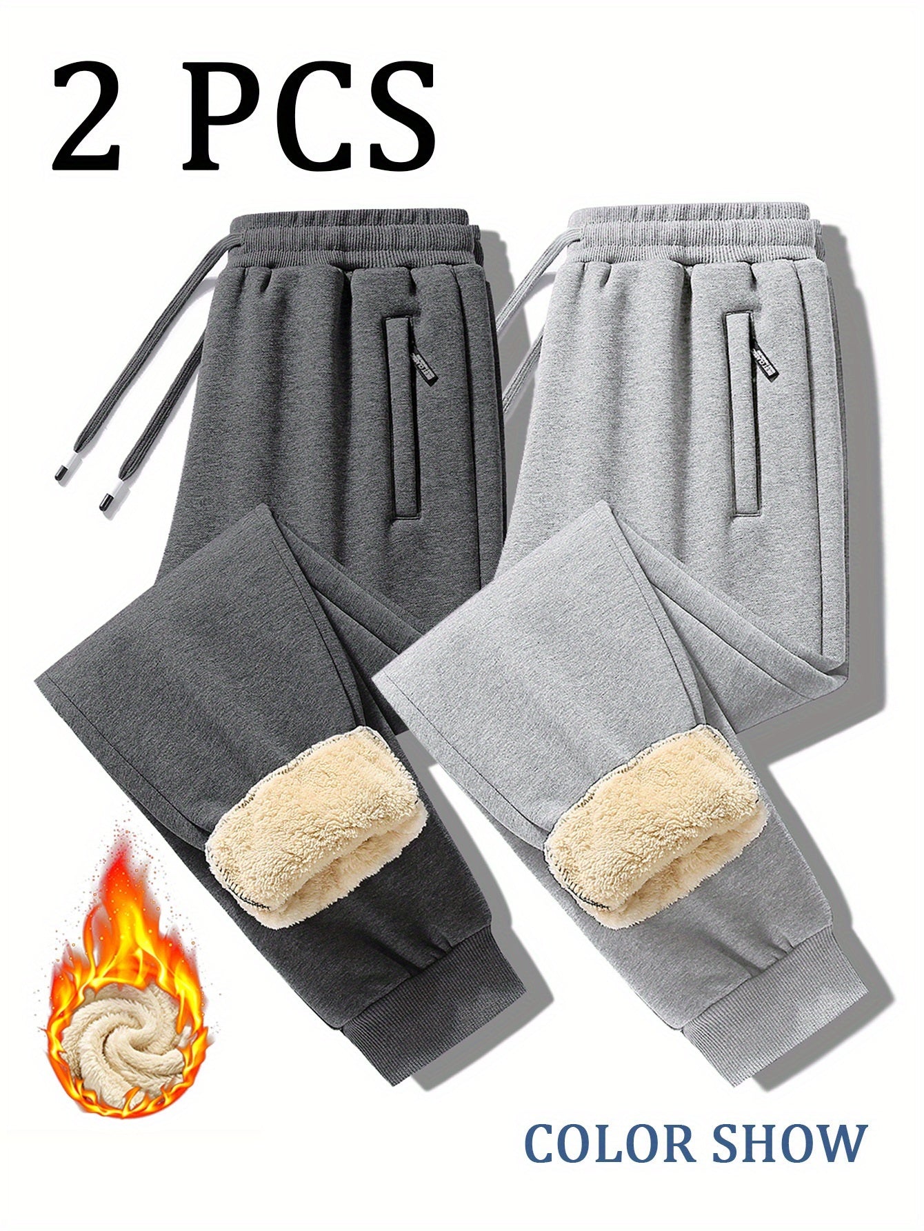 2pcs Winter Men's Warm Lamb's Fleece Casual Pants, Loose-Fit Essential for Home and Daily Wear, Simple Fleece-Lined Casual Pants with Elastic Waistband, Hidden Zipper Pocket Design, Cuffed Hem for Warmth, Loose and Long Fit. Simple and Versatile