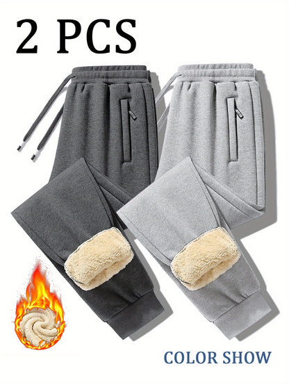 2pcs Winter Men's Warm Lamb's Fleece Casual Pants, Loose-Fit Essential for Home and Daily Wear, Simple Fleece-Lined Casual Pants with Elastic Waistband, Hidden Zipper Pocket Design, Cuffed Hem for Warmth, Loose and Long Fit. Simple and Versatile