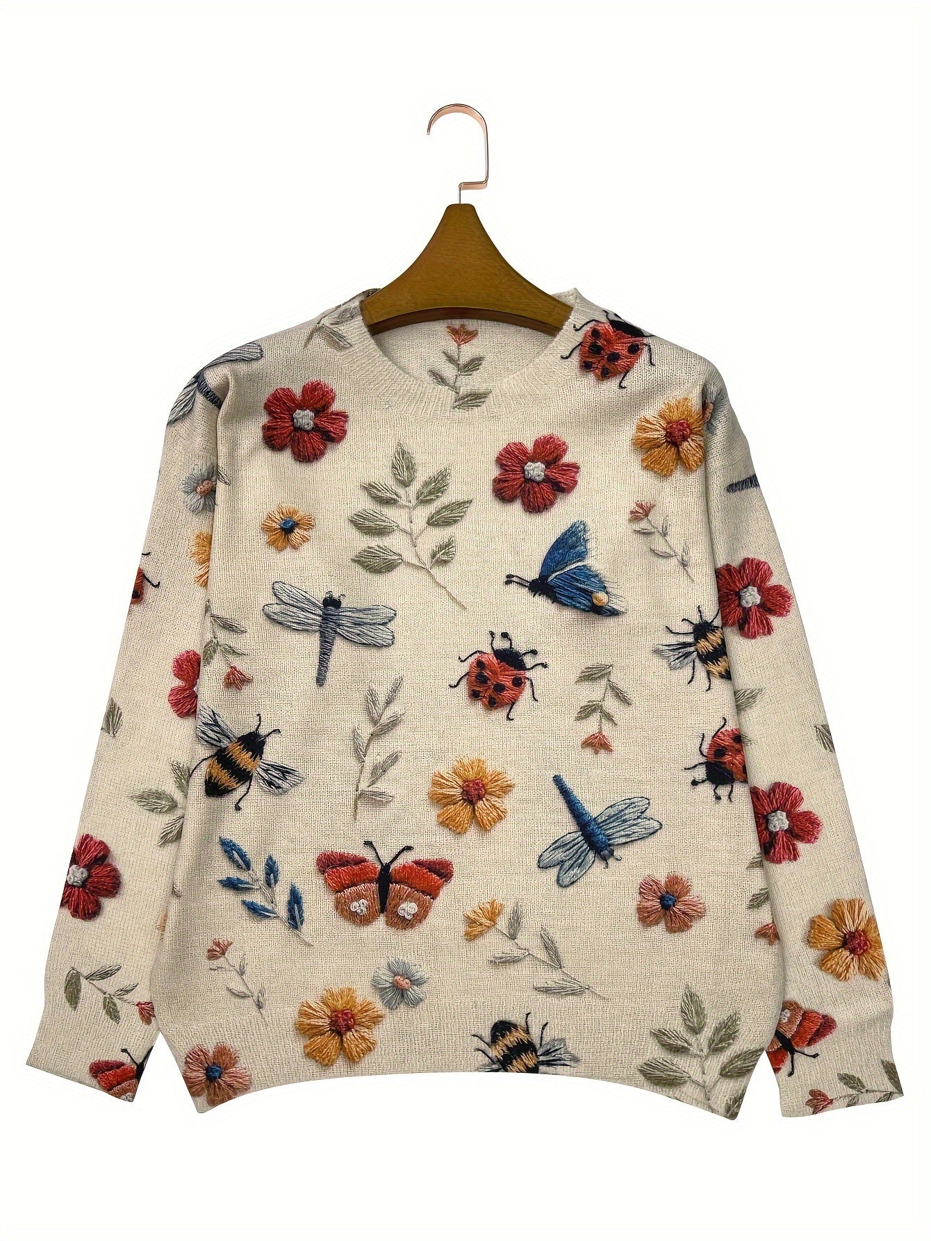 Women's Lightweight All-Over Print Sweater - 3D Insect & Floral Design, Casual Crew Neck Long Sleeve Top, Regular Fit for All Seasons, Cute Sweater, Allseason Wear, Playful Design, Comfortable Clothing