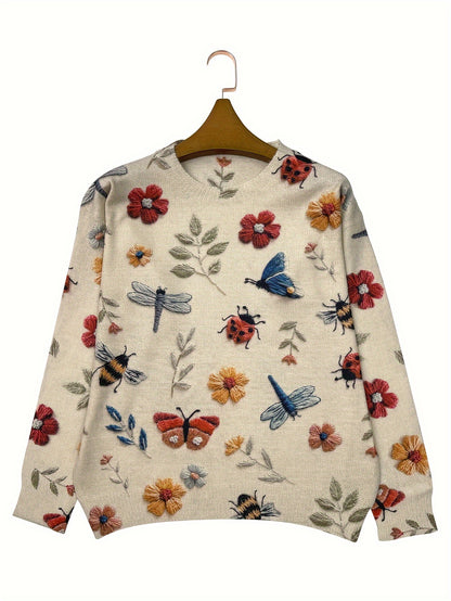 Women's Lightweight All-Over Print Sweater - 3D Insect & Floral Design, Casual Crew Neck Long Sleeve Top, Regular Fit for All Seasons, Cute Sweater, Allseason Wear, Playful Design, Comfortable Clothing