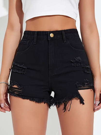 Women'S Frayed Ripped Denim Shorts - Raw Hem Casual Summer Shorts with Button Closure, Stretchy Comfort Fit, Solid Black Jean Shorts for Casual Attire, Shorts Jeans, Spring Fashion, Trendy Style, Quality Stitching, Fashion Lovers, Warm Weather Outfit, Dur