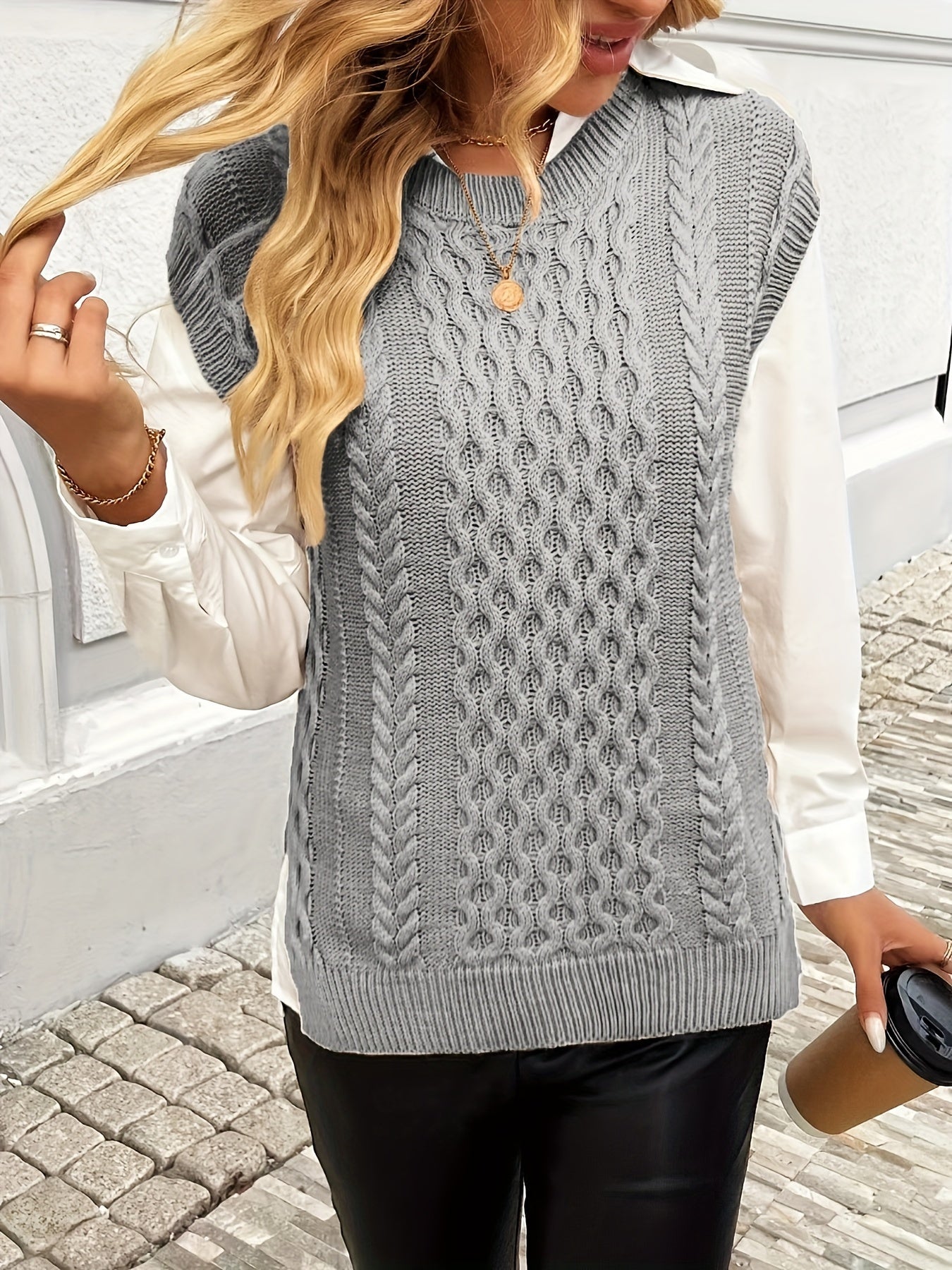 Women's Cable Sweater Vest - Sleeveless Round Neck Slit Hem Blouse, Solid Color Medium-Elastic Knitwear for Spring Summer Fall Layering, Casual & Semi-Formal Wear (Hand Washable)