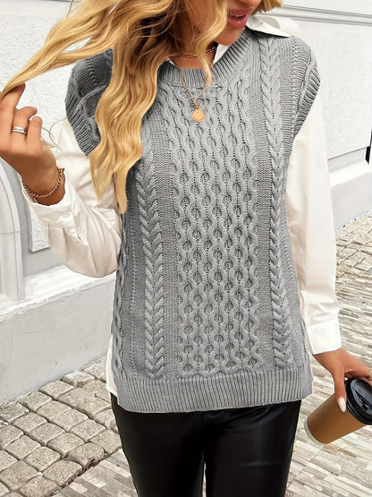 Women's Cable Sweater Vest - Sleeveless Round Neck Slit Hem Blouse, Solid Color Medium-Elastic Knitwear for Spring Summer Fall Layering, Casual & Semi-Formal Wear (Hand Washable)