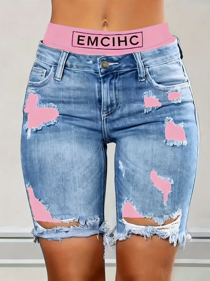 Denim Shorts: Color Block Printed Distressed Shorts/w Fitness Running Shorts