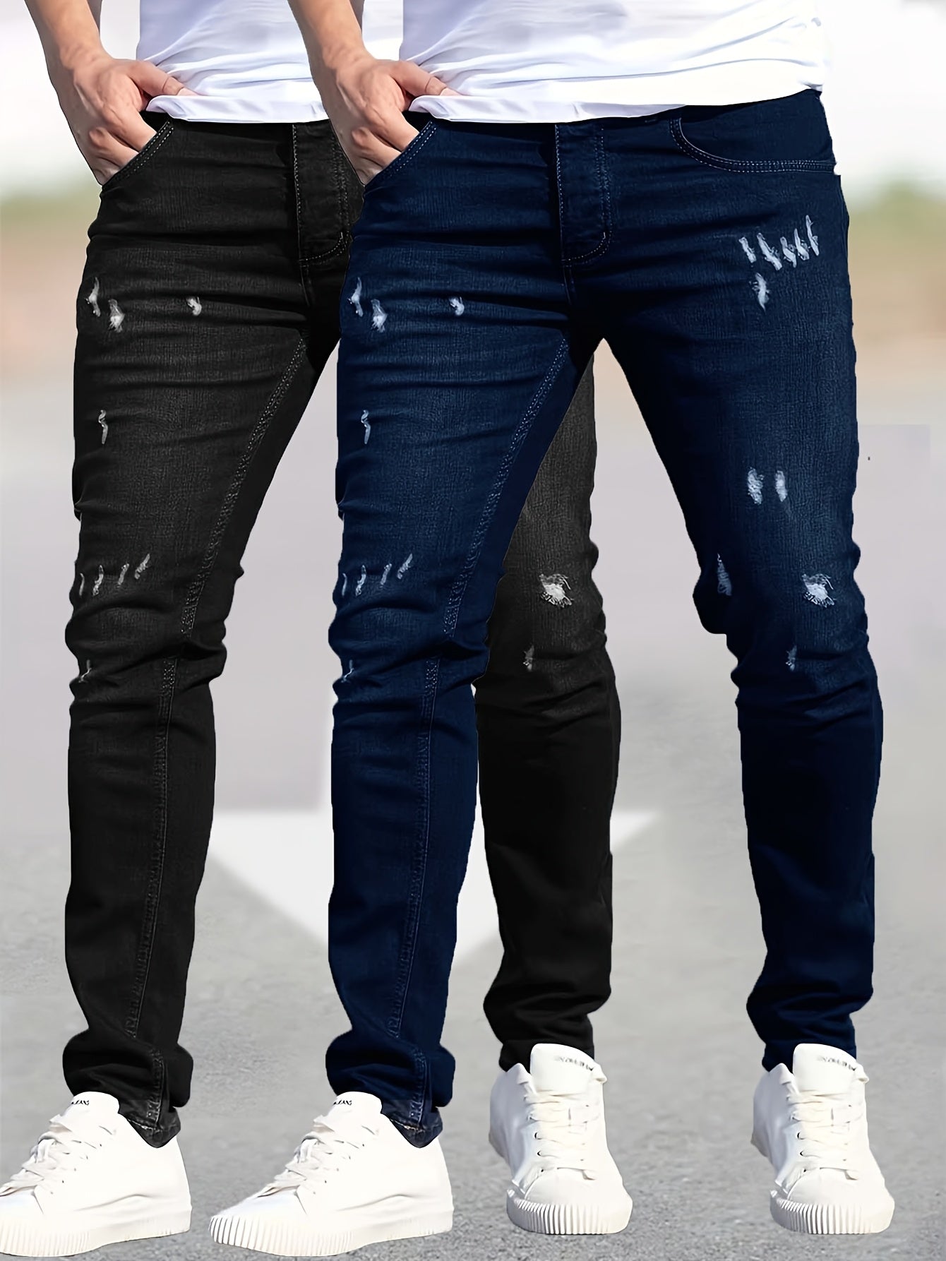 2 pcs - Trendy Ripped Jeans for Men - Fashionable Street Style Stretch Jeans for Men - Suitable for All Seasons