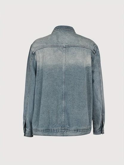 Women's Vintage Washed High Neck Asymmetric Button Denim Jacket - Loose Fit Drop Shoulder Streetwear Coat, Single-Breasted Collar Jacket for Spring/Fall/Winter, Casual Outerwear Blouse