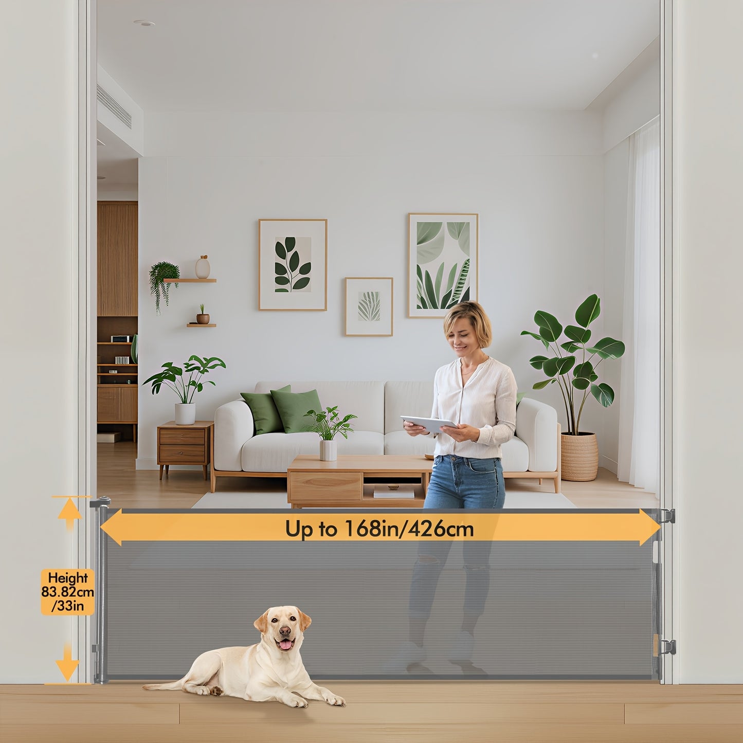 Retractable Mesh Safety Gate - 33/41 Inch Tall - Hardware-mounted expandable mesh design