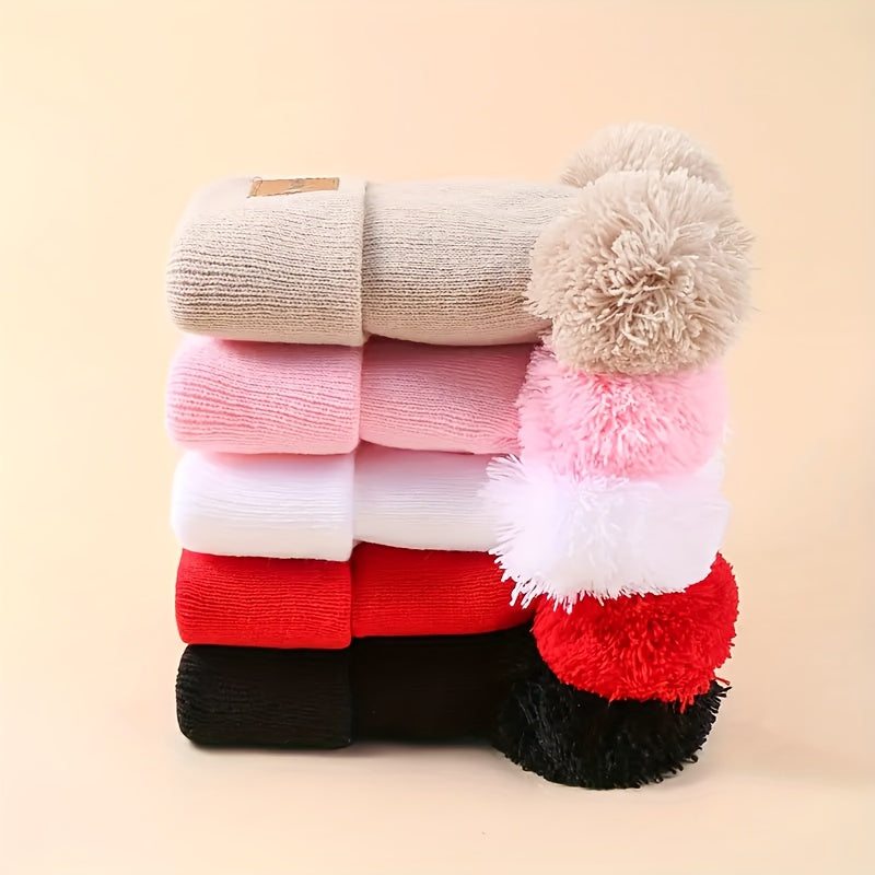 5 Pack Baby Winter Warm Knit Hats with Pom Poms - Unisex Toddler Beanies, Acrylic, Alphabet Pattern, Hand Wash, Stretch Fit for Infants 0-3 Years, Lightweight for Fall/Winter & Birthday Occasions