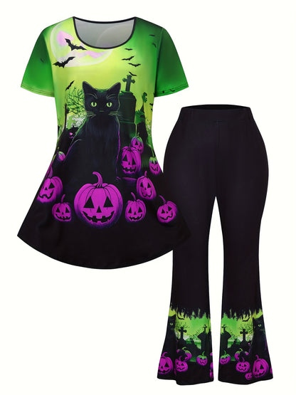 Plus Size - Plus Size Casual Halloween Print Pants Set, Short Sleeve Crew Neck T-shirt & High Waist Flare Leg Pants Outfits, Women'S Plus Size Clothing