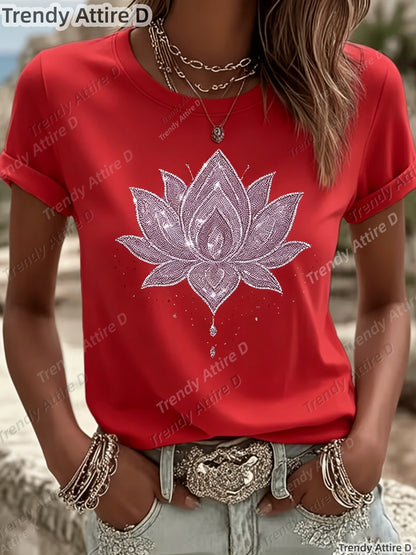 Inner Peace Mandala Plant Floral Pattern Printed T-Shirt Casual Short Sleeve Round Neck Top Fashionable All-Season Women'S Clothing