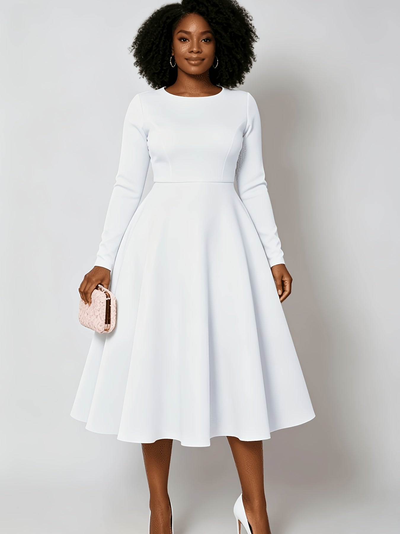 Plus Size - Plus Size Women'S Solid Color Round Neck Long Sleeve Back Pleated Flared Dress Autumn And Winter Elegant Long Dress