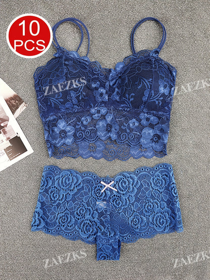 10pcs Of Women'S Underwear And Panties Combination Set Without Steel Rims, Comfortable Daily Exquisite Lace Bra Base, Beautiful Back, Seamless Suspender With Chest Cushion, Detachable Bra, Lace Underwear, Women'S Underwear And Panties