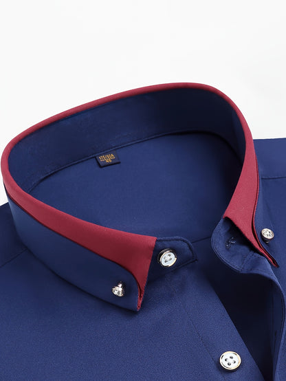 Color Block Fold-Up Collar Crystal Buckle Formal Shirt Men'S Long Sleeve Contrast Color Stretch Iron-Free Business Casual Top with Loan Fashion Cardigan Shirt