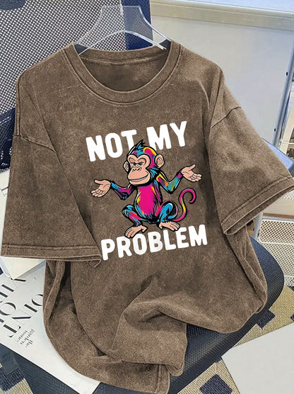 Women's Trendy Printed Washed T-shirt - 230g Thick, Retro Street Style, Round Neck, Short Sleeves, Machine Washable, Perfect for Casual Spring and Summer Wear, Unique Loose Fit Women's T-shirt.