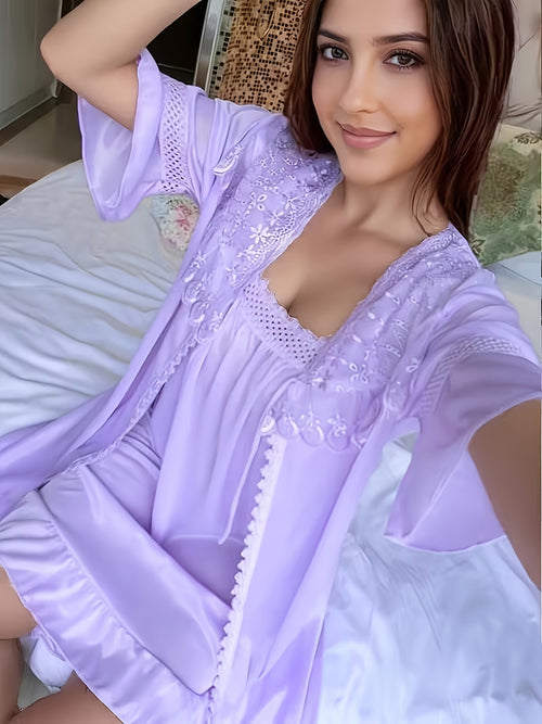 [Valentine's Day Christmas] Long Lace Robe Two-Piece Set y Satin Fabric Kimono Style Home Wear Ruffle And Delicate Lace Trim The Fit Is Flowing And Elegant Ideal for Daily Use Or As A Fantastic Gift Choice for Valentine's Day And Christmas