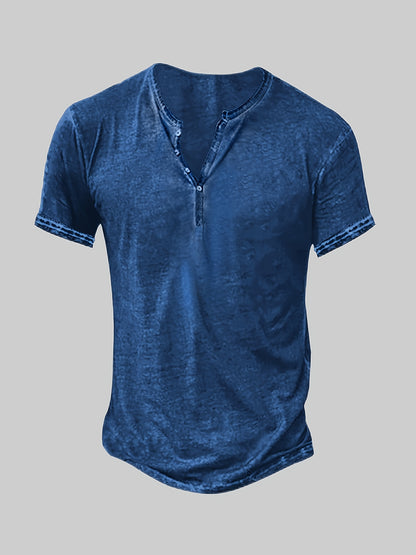 Mens Distressed Henley Shirts Short Sleeve Button T-Shirt Slim Fit Cotton Casual Shirt
