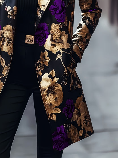 Plus Size - Plus Size - Long-Sleeved Single-Breasted Mid-Length Suit Jacket with Floral Pattern