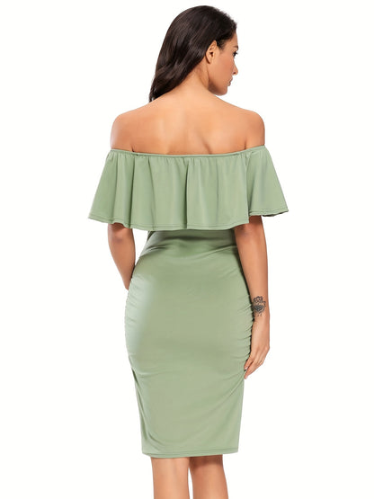 Women's Maternity Dress Off Shoulder Ruffle Sleeveless Bodycon Dress for Baby Shower