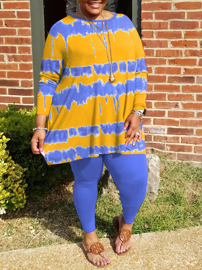 Plus Size - Plus-size Fashion Tie-dye Striped Print Long-sleeved Trousers Suit, Suitable For Going Out
